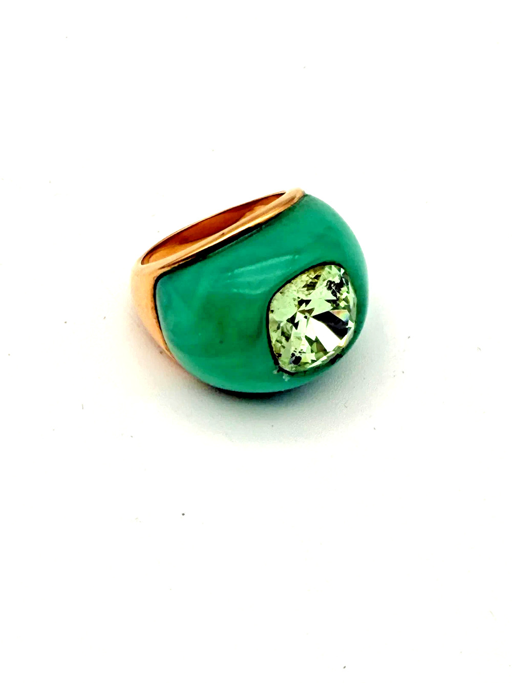 Vintage Signed KJL Kenneth Jay Lane Gold Tone, Green Enamel & Rhinestone Ring